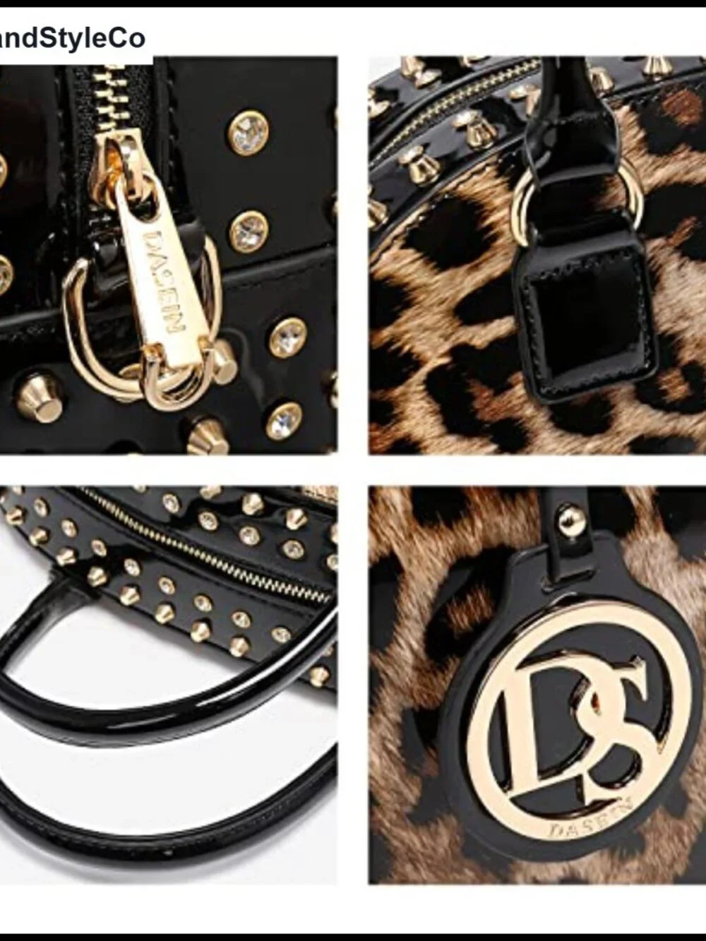 Faux Patent Leather Dome Satchel Handbag Work Tote with Rhinestone & Shoulder